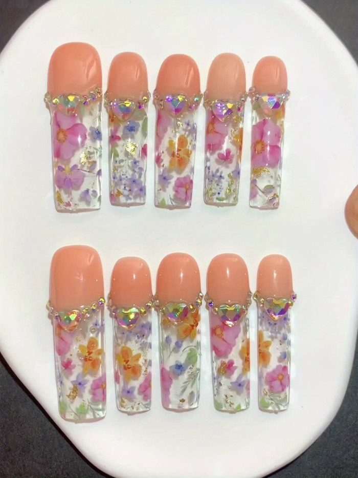 10 Pcs 1.69inch Long 2XL Long Water Nail Simulation with Mixed Color Flowers, Heart, and AB Crystal Glass Drill - Handmade Wearable Nail Tips for Parties, Weddings, and Fall\u002FWinter Seasons