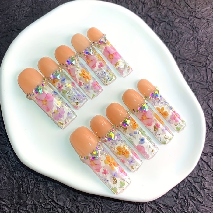 10 Pcs 1.69inch Long 2XL Long Water Nail Simulation with Mixed Color Flowers, Heart, and AB Crystal Glass Drill - Handmade Wearable Nail Tips for Parties, Weddings, and Fall\u002FWinter Seasons