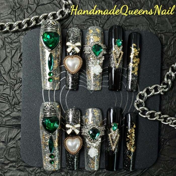 Luxe Handcrafted Press-On Nails Set - 10pcs Ultra-Long Ballerina Shape With Sparkling Rhinestones, Pearls & Floral Designs | Easy Apply & Reusable For Women And Girls