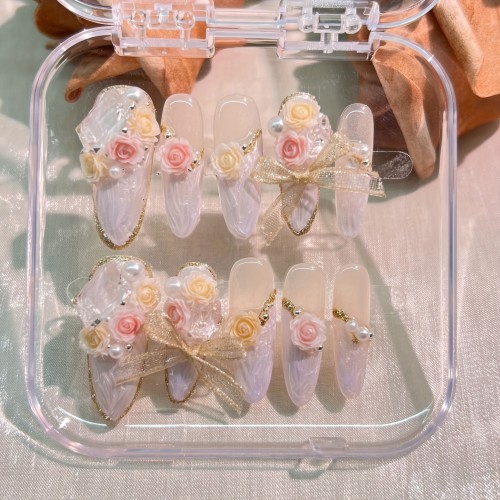 Handcrafted 3D Rose Garden Nail Tips - Glossy Long Oval False Nails with Pink Floral Design, Plant Accents, and Pearl Embellishments - Set of 4 Sizes