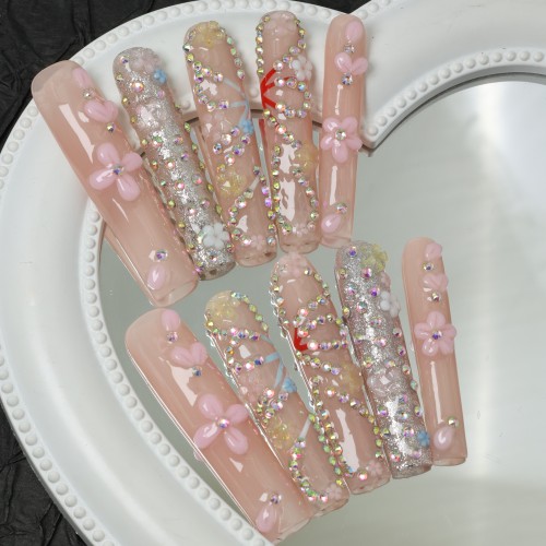 10pcs Handmade Press-on False Nails - Medium Length, Trapezoid Shape, Pink with Floral & Rhinestone Designs, Luxurious Diamond Accents, Reusable, Pearlescent Finish, for Hands and Feet Care \u002F School Accessories, Ideal for Halloween Sweet Beautiful Manicure