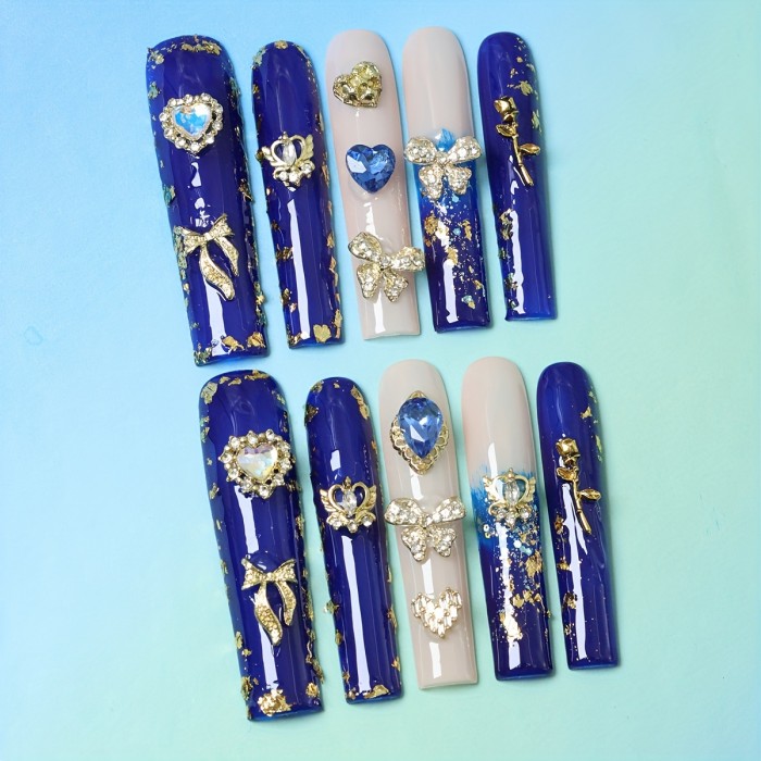 10pcs Handmade Extra Long Square Press-On Nails Set - Glossy Blue Gradient with Rhinestones & Flowers, Reusable Fake Nails for Everyday Elegance