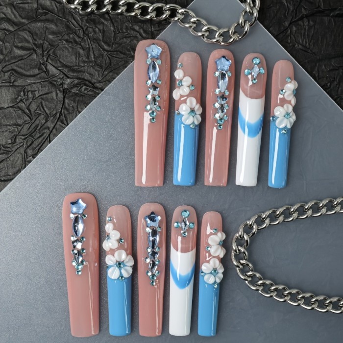 10pcs Handcrafted Ballerina Press-On Nails Set - Extra Long, 3D Floral & Gemstone Designs with Rhinestones, Full Coverage, Reusable False Nails for Women