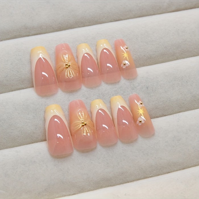 24-Piece 3D Flower Nail Art Set with Jelly Glue and Nail File - Glossy Finish, Ballet Shape, Medium Length, Yellow Floral Pattern Nail Tips with Rhinestone Accents