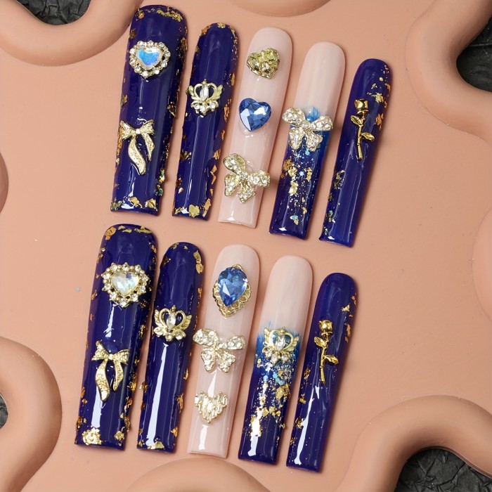 10pcs Handmade Extra Long Square Press-On Nails Set - Glossy Blue Gradient with Rhinestones & Flowers, Reusable Fake Nails for Everyday Elegance