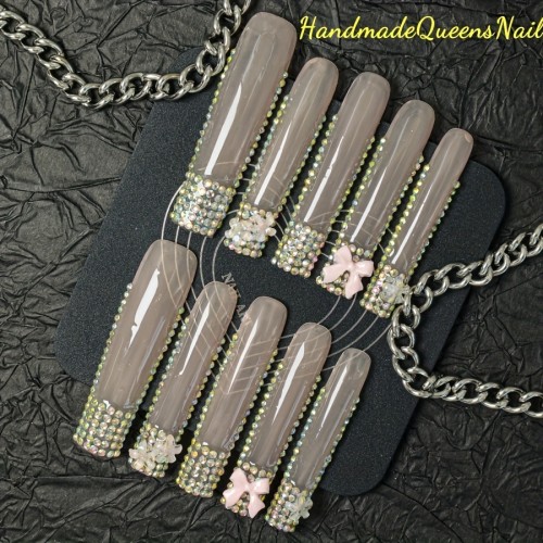 10-Piece Handmade Press-On Nail Set with Rhinestones, Super Long Ballet Shape, Flower Glitter Design, Glossy Finish, Reusable Full Coverage Nail Art with Diamond Bowknot, Nail File Included, Gift for Girls