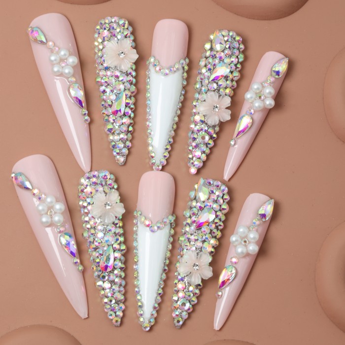 10-Pack Super Long Teardrop Press-On Nails - Pink Pearlescent with Glitter, Rhinestones & 3D Flowers - Luxury Handmade Acrylic Nail Set for Festivals, Parties & Special Occasions - Reusable