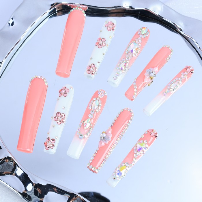 Handcrafted Press-On Nails, Extra Long Coffin Shape, Y2K Style With Rhinestones, Gradient, 3D Flowers – Daily & Bridal Party Wear, Women's Fashion Accessories, Removable & Reusable