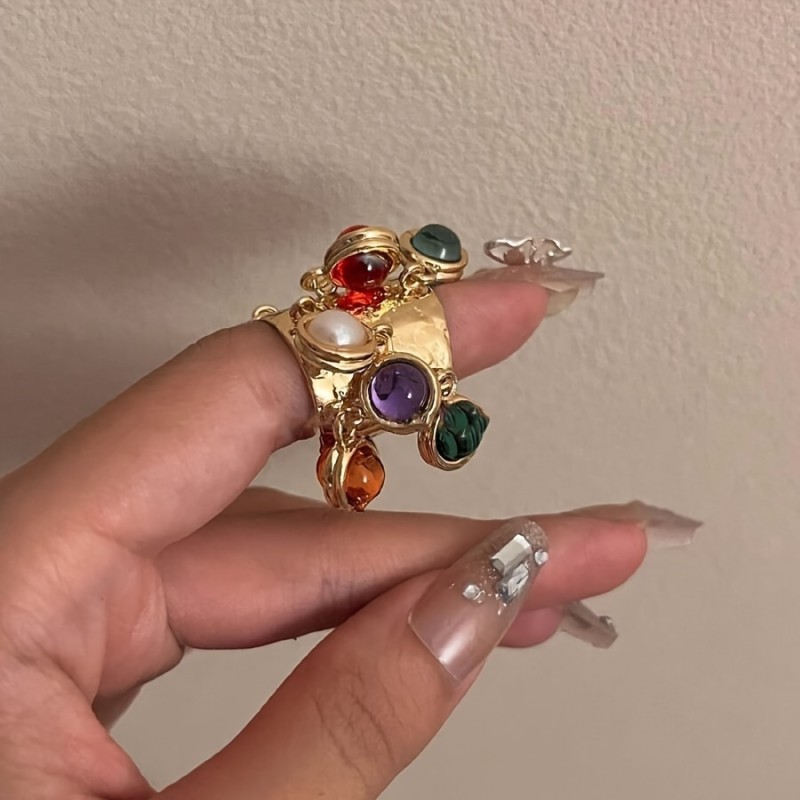 Elegant Boho-Style 14K Gold Plated Ring Set with Assorted Glass Gemstones, Copper Base, Versatile for Daily Wear and Parties - Pack of 1