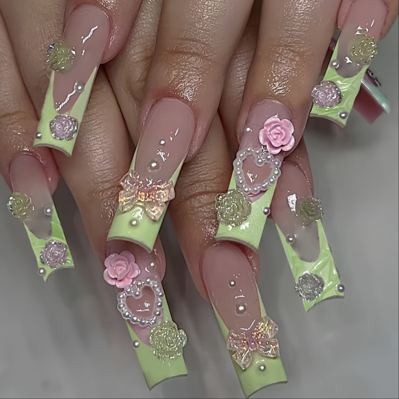(96pcs) 4pack Glossy Long Ballerina Fake Nails Press On Nails With 3D Flower Butterfly Rhinestone Design Beads Bangle Sparkling Full Cover FalseNails For Women Girls