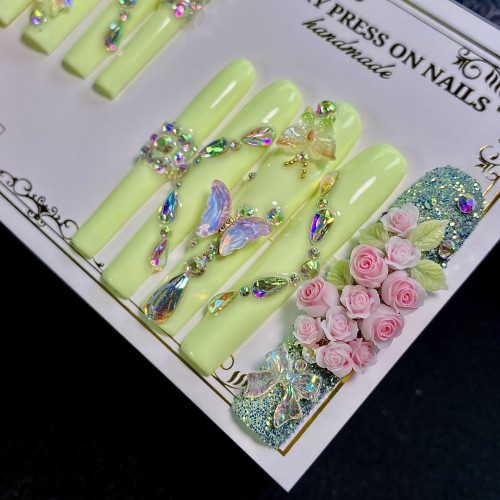10 Pcs\u002F1 Pair Luxury Press on Nails - Glossy Ballet Long Nail Forms with Floral Patterns, Sparkling Diamonds & Roses, Mixed Color High-Quality Handmade Nail Set for Women, Party Decorations & Exquisite Manicure