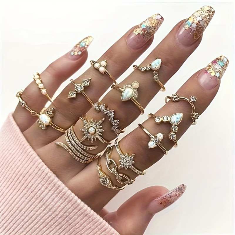 16pcs Bohemian Style Rings Set, 14K Golden Plated, Faux Crystal, Alloy, Fashion Stackable Rings for Women, Versatile for Daily Wear and Parties, All-Season Accessory