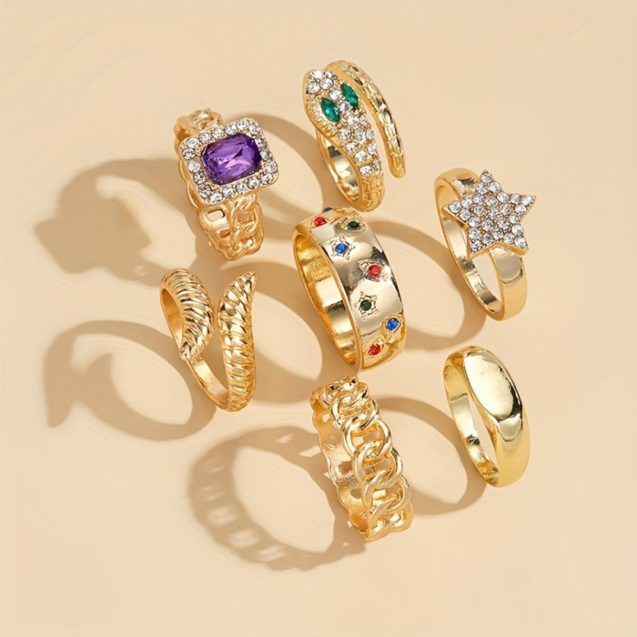 7pcs Sparkling 18k Gold Plated Stacking Rings with Snake, Chain, Star, and Signet Designs - Perfect for Daily Outfits and Party Decor, Paved with Shining zirconia