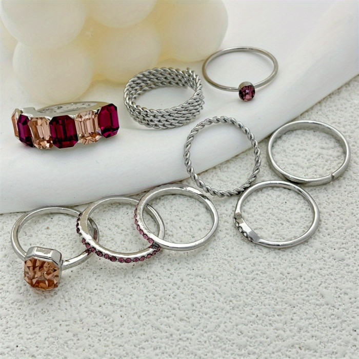 Elegant 9-Piece Fashion Ring Set for Women, Valentine's Gift, Zinc Alloy with 18K Golden Plating, Ring Sizes 16-18mm, Versatile Jewelry for Daily Wear, Parties & Weddings