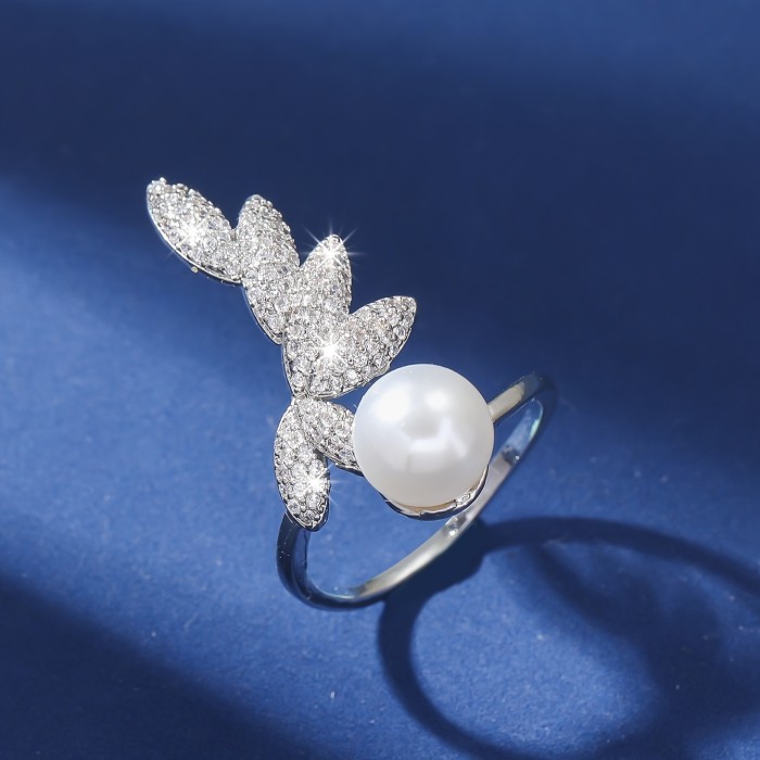 Elegant Adjustable Leaf & Faux Pearl Ring - Vintage Boho Chic, Cubic Zirconia Accents, Copper with Sparkling Stones, Perfect for Parties & Vacations - Women's Fashion Accessory