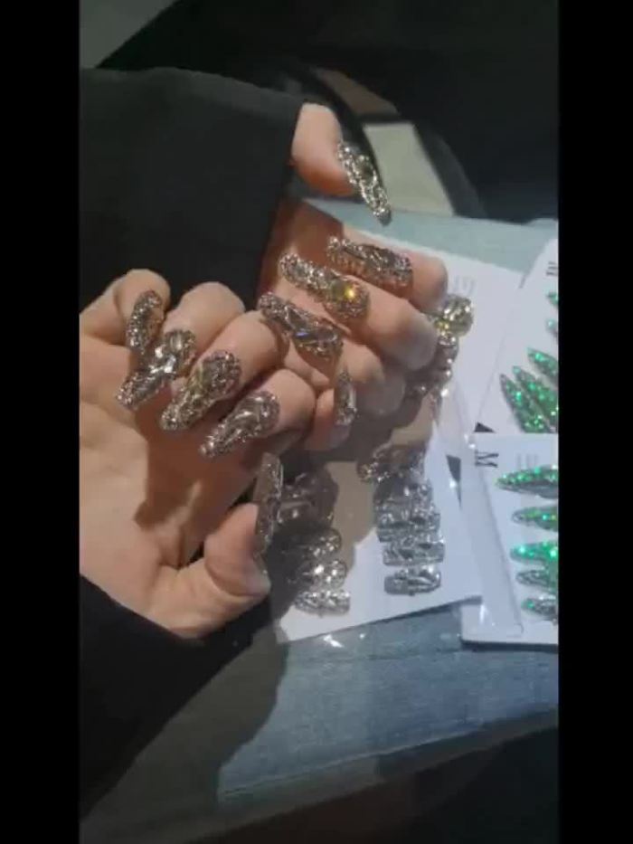Long Ballet Press On Nails With Rhinestones, Luxury Fake Nails,Full Cover False Nails For Women And Girls
