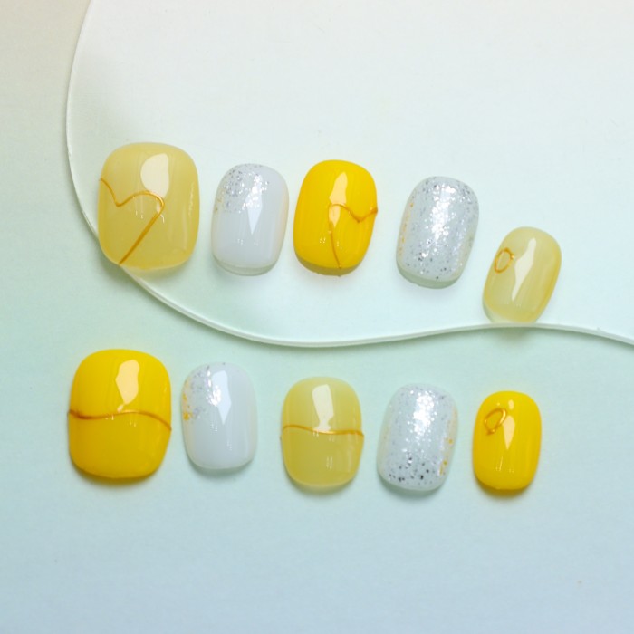10pcs Handmade French Long Square Press-On Nails Set - Glossy Yellow with Rhinestones & Floral Design, Reusable Matte Finish Fake Nails for Everyday & Party Wear