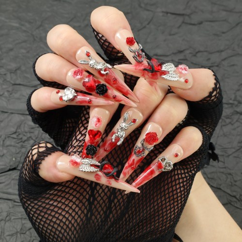 10pcs Handmade Super Long Press-On Nails - Mixed Color Water Drop Shape with Glossy Finish, Flower & Holiday Elements, Embellished with Rhinestones, Charms & Stickers for Parties, Music Festivals & Daily Wear