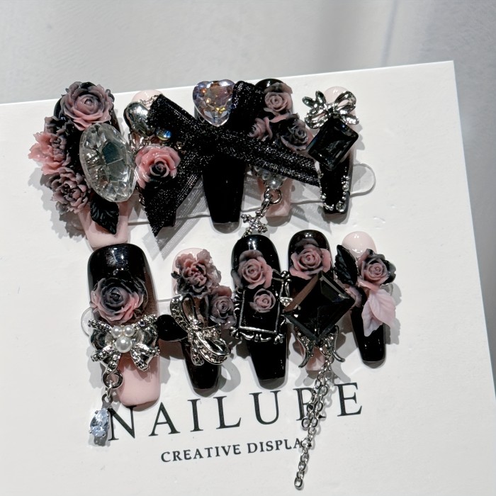 10pcs Luxury Handmade Press-On Nails Set - Black & Pink, Long Ballet Shape with 3D Butterfly & Flower Designs, Glossy Finish - Perfect for Parties & Everyday Elegance
