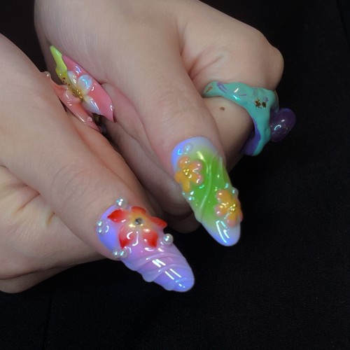 Summer Vibes Handcrafted Nail Set - 10pcs Long Almond Shaped Nails with Hand-Painted Gradient Flowers, 3D Sculpted Blossoms, Colorful Rhinestones, Spiral Wave Patterns - Glossy Mixed Color System Artificial Nails for Halloween, Parties, Birthdays - Ideal Gift for Friends (Length Approx. 28-32mm)