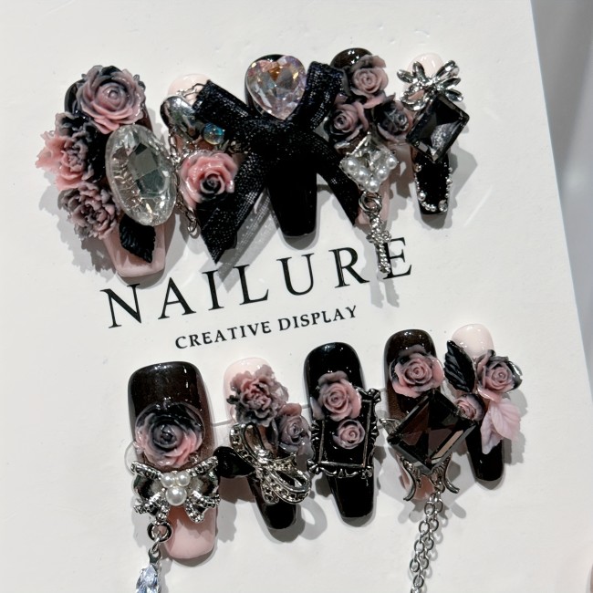 10pcs Luxury Handmade Press-On Nails Set - Black & Pink, Long Ballet Shape with 3D Butterfly & Flower Designs, Glossy Finish - Perfect for Parties & Everyday Elegance