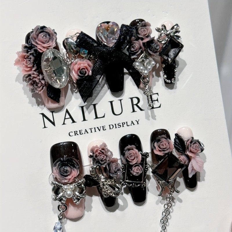 10pcs Luxury Handmade Press-On Nails Set - Black & Pink, Long Ballet Shape with 3D Butterfly & Flower Designs, Glossy Finish - Perfect for Parties & Everyday Elegance