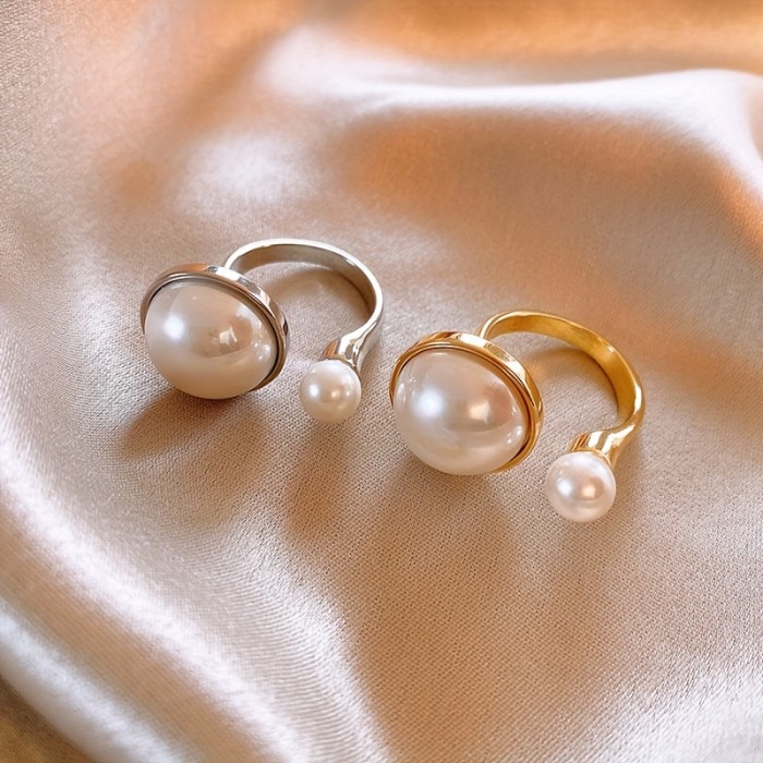 Elegant Vintage-Inspired 14K Gold Plated Adjustable Faux Pearl Ring, Round Statement Jewelry For Women Summer Daily
