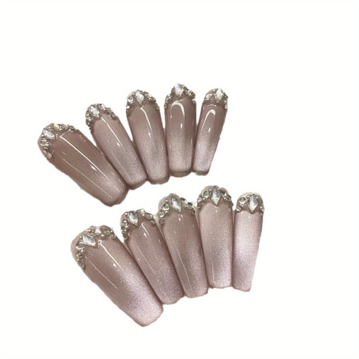 10 Pieces of High-Quality, Handcrafted, Long Stiletto Nail Tips with Sparkling Rhinestones in Pink Hues - Perfect for a Glamorous Look!