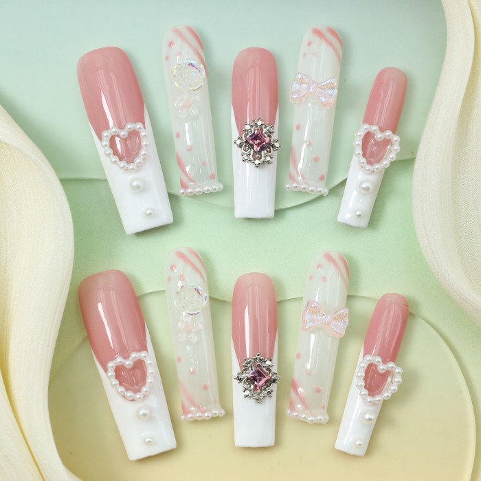 10pcs Handmade Coffin Press-On Nails Set - Pink & White, Extra Long Ballerina Fake Nails with 3D Rose Flowers, Pearl Hearts & Rhinestones - Glossy Finish for Everyday & Party Wear