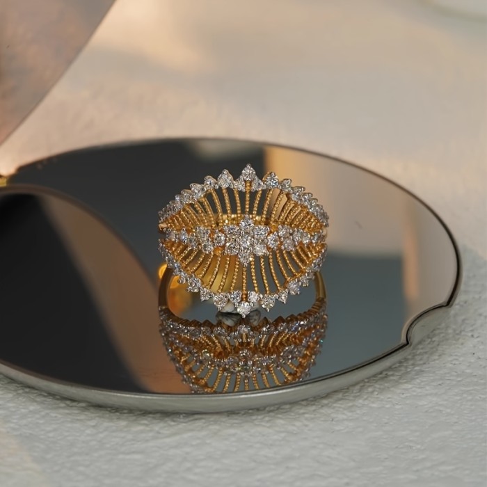 Vintage Elegant Wide Band Ring for Women, 18K Golden Plated Copper with Synthetic zirconia Stones, Hollow-Out Court Style, for Daily And Party Occasions