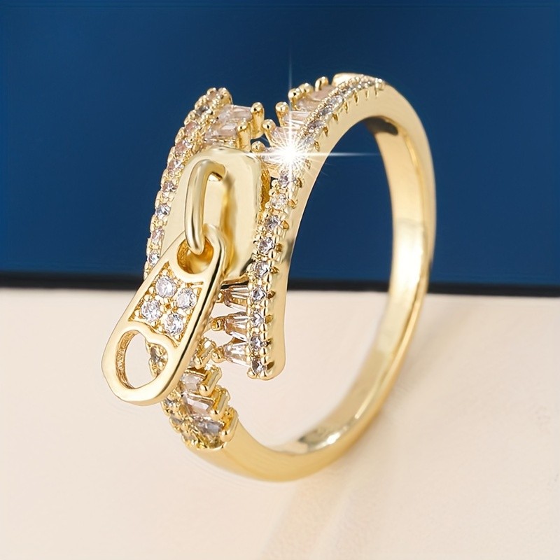 Elegant Zipper Design Ladies' Ring with Synthetic Cubic Zirconia, Copper Base with Unique Plating, Fashionable Statement Jewelry for Daily and Gift Occasions - Single Pack