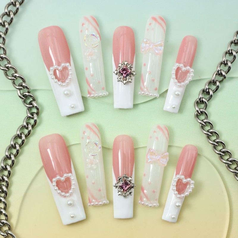 10pcs Handmade Coffin Press-On Nails Set - Pink & White, Extra Long Ballerina Fake Nails with 3D Rose Flowers, Pearl Hearts & Rhinestones - Glossy Finish for Everyday & Party Wear