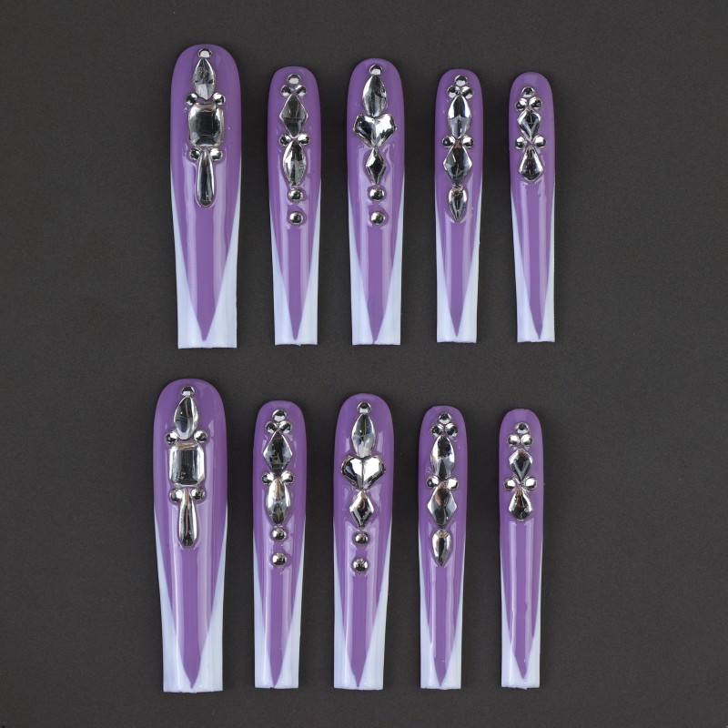 10 PCS Super Long Ballet Nail Tips, Mixed Colors with Stripes & Glitter, Glossy Finish, Handcrafted, Sparkling Diamond Accents, Elegant Press-On Manicure for Bridal & Parties, Reusable - Set #4840