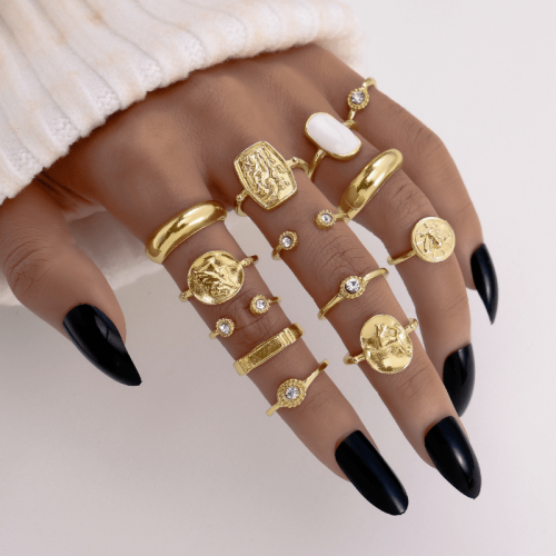 Vintage & Trendy Adjustable Open Rings Set with Embossed Portrait & Synthetic Gems, Alloy Fashion Ring Combo for All Seasons - Ideal for Daily & Party Occasions