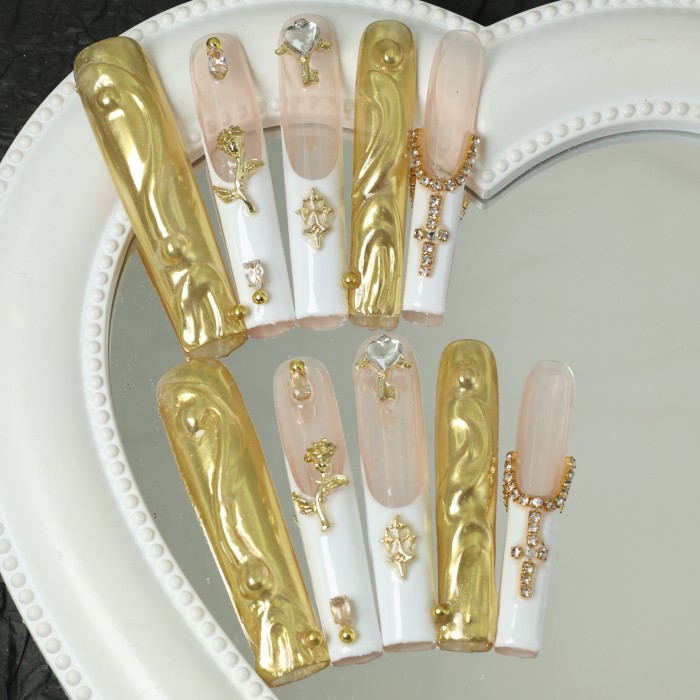 10pcs Super Long Square Press-On Nails with Pearlescent Golden Finish, 3D Flower Embellishments and Rhinestone Accents - Handmade False Nail Set for Weddings, Parties, and Special Occasions