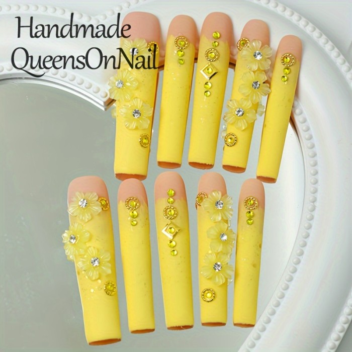 10pcs Handmade French Long Square Press-On Nails Set - Glossy Yellow with Rhinestones & Floral Design, Reusable Matte Finish Fake Nails for Everyday & Party Wear