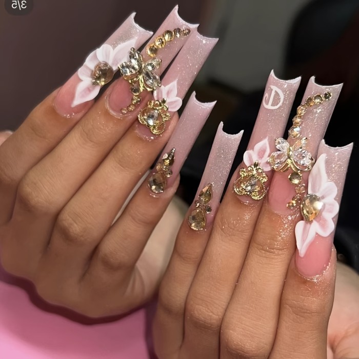 Luxurious 3D Floral Press-On Nails with Sparkling Rhinestones - Set of 10 for Full Coverage - Perfect for Special Occasions - Long, Square Shape - Nude and Pink Hues - Shiny Finish