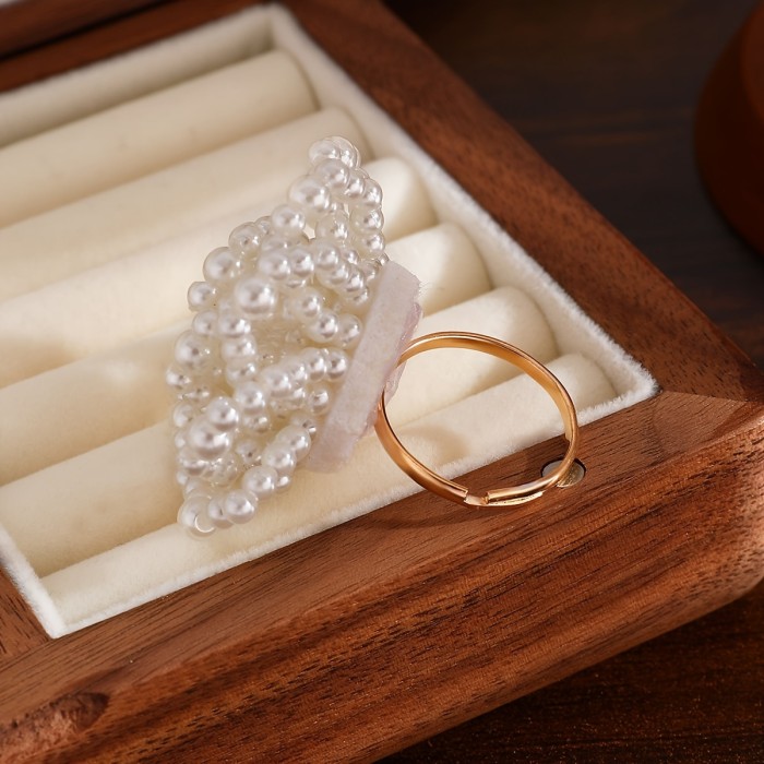 Elegant Adjustable Faux Pearl Flower Ring for Women - Chic French-Inspired, Perfect for Weddings & Engagements, No Power Needed, All-Season Wear