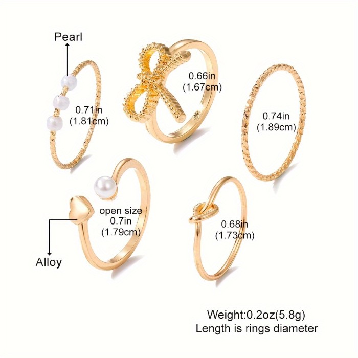 Elegant & Simple Alloy Ring Set with Imitation Pearl Accents, Daily & Party Wear Adjustable Bow Knot Heart Rings - 5-Piece Fashion Jewelry Set