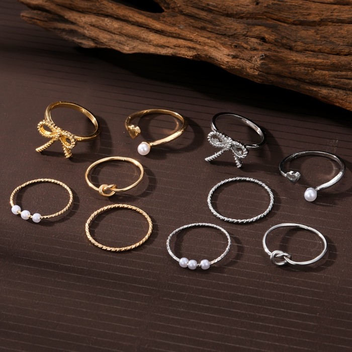 Elegant & Simple Alloy Ring Set with Imitation Pearl Accents, Daily & Party Wear Adjustable Bow Knot Heart Rings - 5-Piece Fashion Jewelry Set