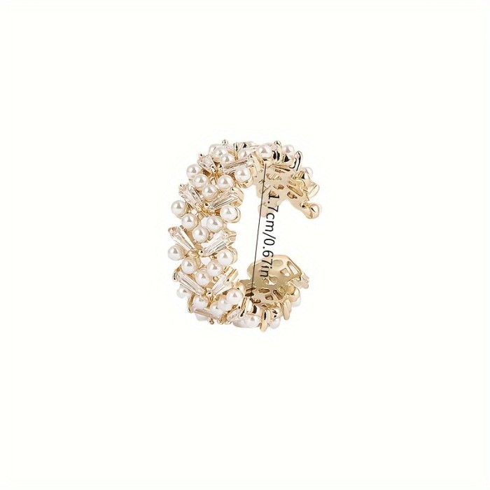 Elegant Adjustable Faux Pearl Ring With Cubic zirconia Leaf Accents, Simple Style, Open Design Fashion Faux Jewelry For Women