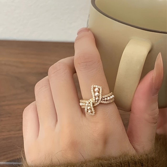 Vintage-Inspired Luxury Butterfly Bow Cuff Ring with Faux Pearl and Cubic zirconia Accents, Copper Base, Adjustable Open Ring for Women - Elegant Jewelry for Daily and Party Occasions