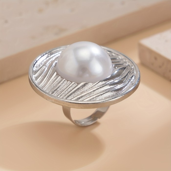Elegant Faux Pearl Ring - Adjustable Golden-Tone Open Band for Women, Perfect Gift for Wife or Daughter