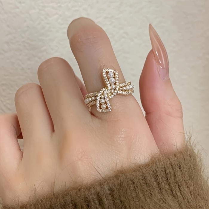 Vintage-Inspired Luxury Butterfly Bow Cuff Ring with Faux Pearl and Cubic zirconia Accents, Copper Base, Adjustable Open Ring for Women - Elegant Jewelry for Daily and Party Occasions