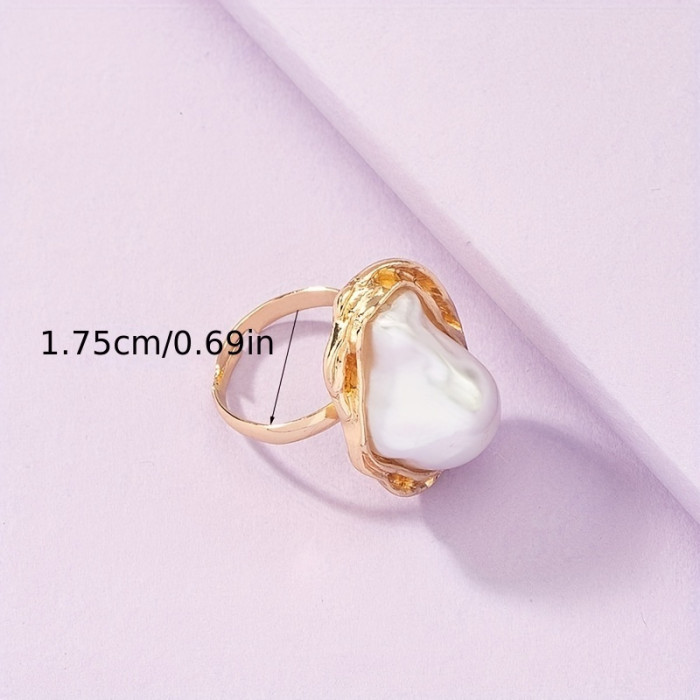 1pc Baroque Style Adjustable Faux Pearl Ring, Golden Shell Design, Unique Shape, Vintage Vacation Accessory For Spring\u002FSummer Season