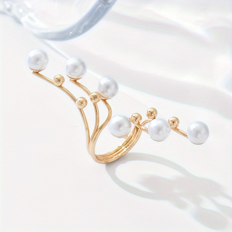 1pc Vintage Style Adjustable Open Cuff Ring with Faux Pearls for Women, Zinc Alloy, No Plating - Elegant Daily Wear Accessory for All Seasons