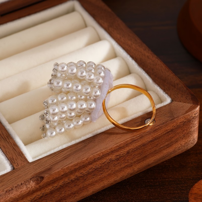Luxurious Wide Band Adjustable Faux Pearl Ring - Exquisite Firework Design, Perfect for Weddings, Engagements, and Special Occasions, Comfortable to Wear, Hypoallergenic, Nickel-Free, and Durable