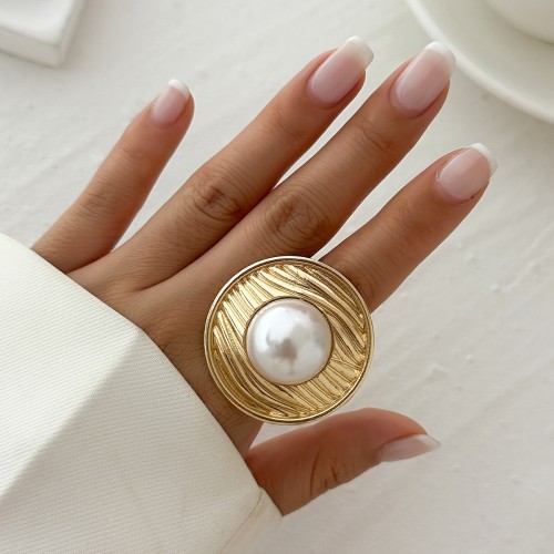 Elegant Faux Pearl Ring - Adjustable Golden-Tone Open Band for Women, Perfect Gift for Wife or Daughter