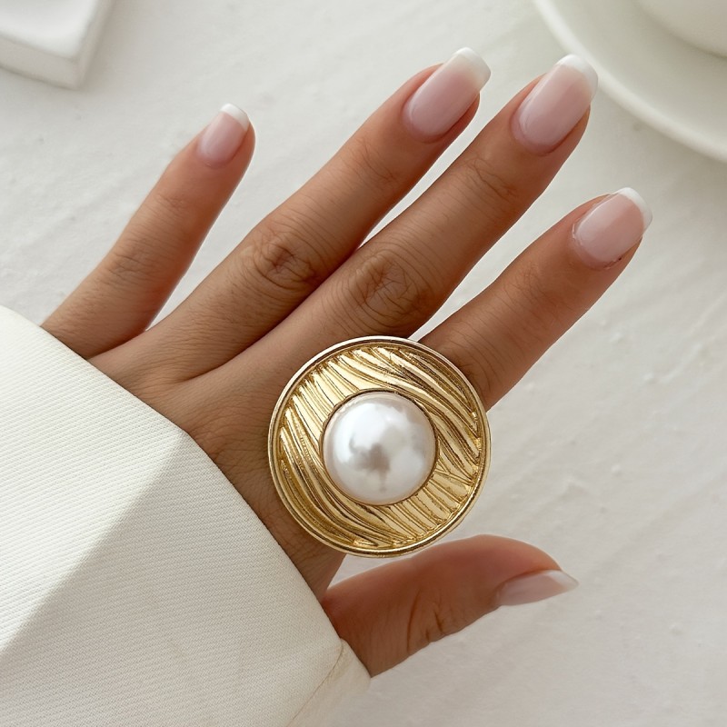 Elegant Faux Pearl Ring - Adjustable Golden-Tone Open Band for Women, Perfect Gift for Wife or Daughter