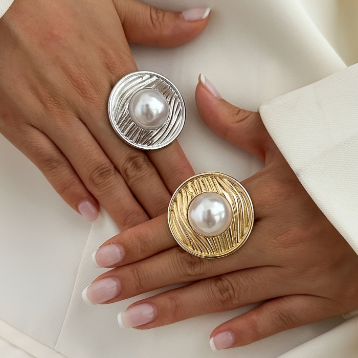 Elegant Faux Pearl Ring - Adjustable Golden-Tone Open Band for Women, Perfect Gift for Wife or Daughter